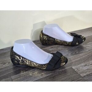 Dirty Laundry Ballet Flats Womens Size 7 Black Gold Metallic Snake Print Bow‎